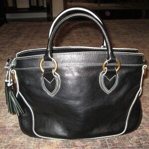 Dooney & Bourke Smooth Black Leather Satchel with White Accents